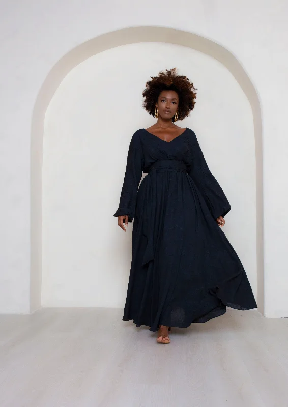 Black Leaf Full Sleeved Maxi Dress- JIBRI