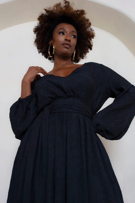 Black Leaf Full Sleeved Maxi Dress- JIBRI