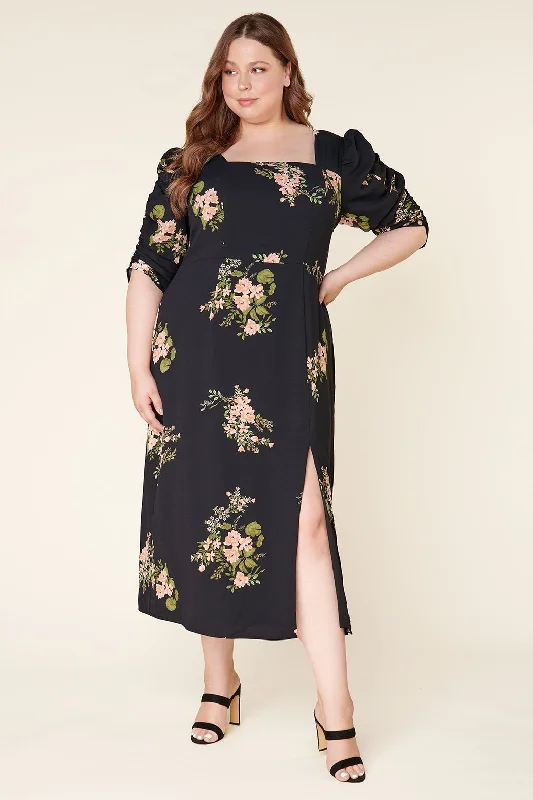 Jasleen Floral Ruched Sleeves Midi Dress Curve