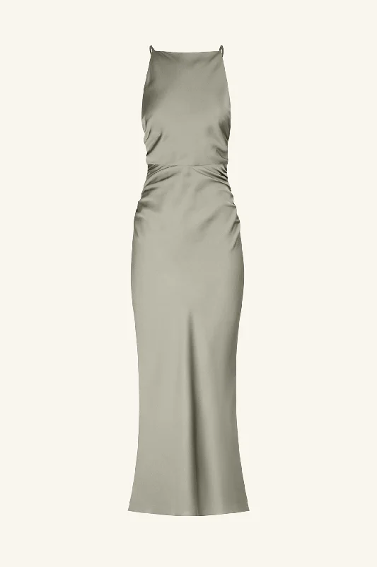 LUXE HIGH NECK RUCHED MIDI DRESS - EUCALYPTUS