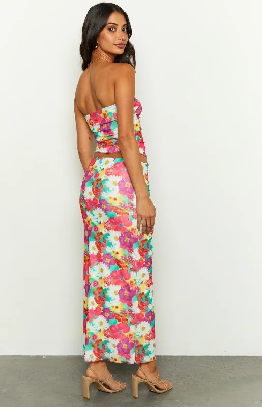 When in Rome Floral Print Mesh Maxi Skirt