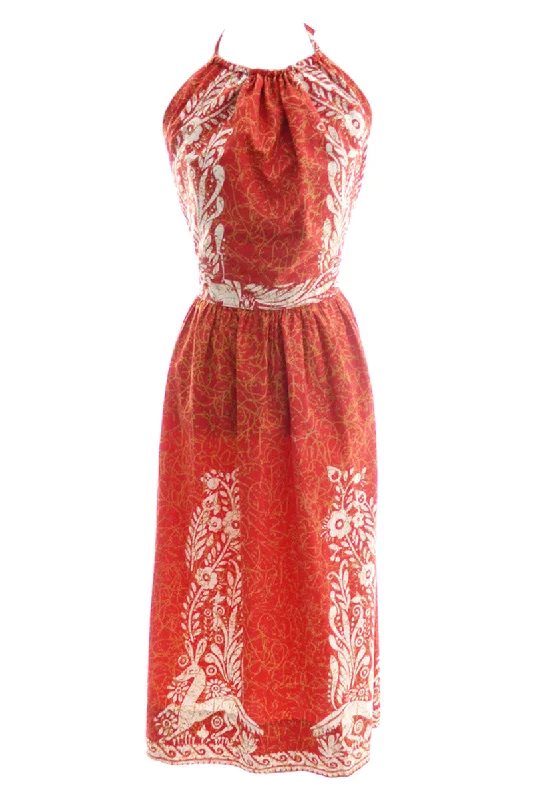 1970's Red Mexican Batik Cotton Halter Dress w/ Open Back