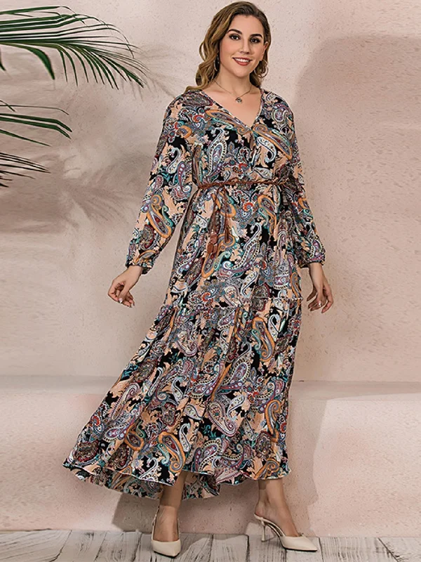 KittenAlarm - Plus Size Oversize Paisley Print Ruffled Hem Longline Dress with Waist Belt