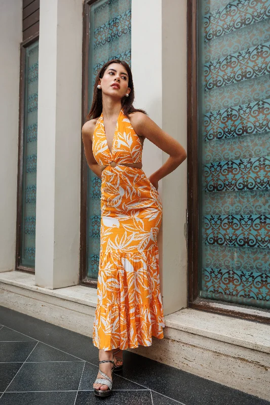 Adore you - halterneck ring detail maxi dress in orange