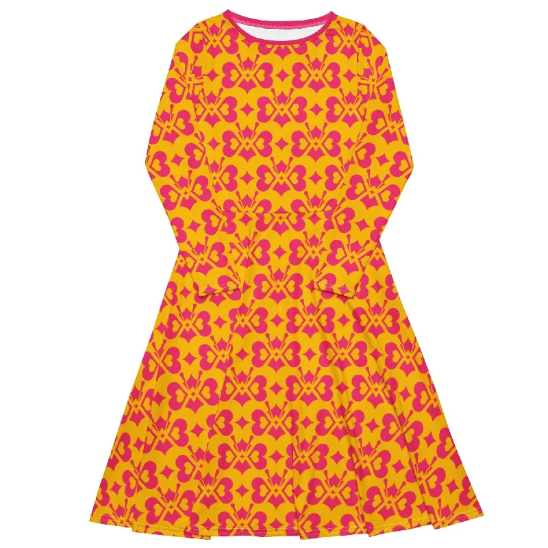 LOVE BUTTERFLY yellow pink - Midi dress with long sleeves and handy pockets