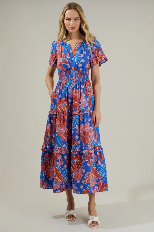 Amazonia Blue Floral Palmer Poplin Tiered Maxi Dress