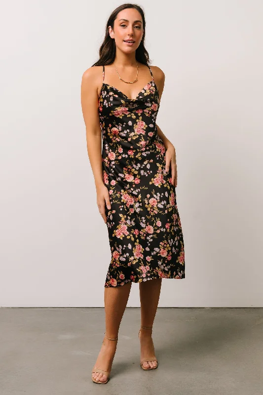 Belyn Satin Midi Dress | Black Rose Floral