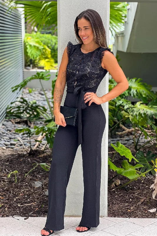 Black Jumpsuit With Lace Top And Tie Belt