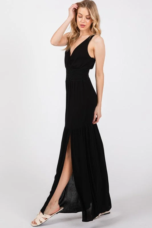 Black Smocked Waist Slitted Maxi Dress