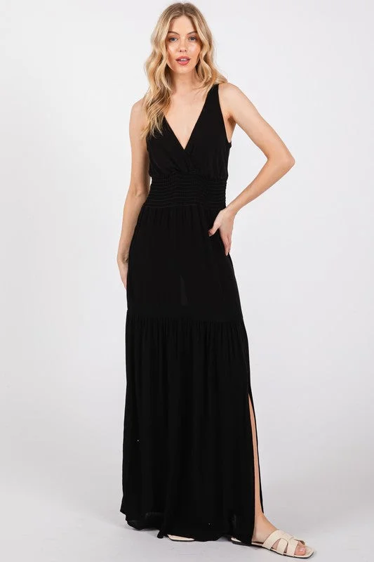 Black Smocked Waist Slitted Maxi Dress