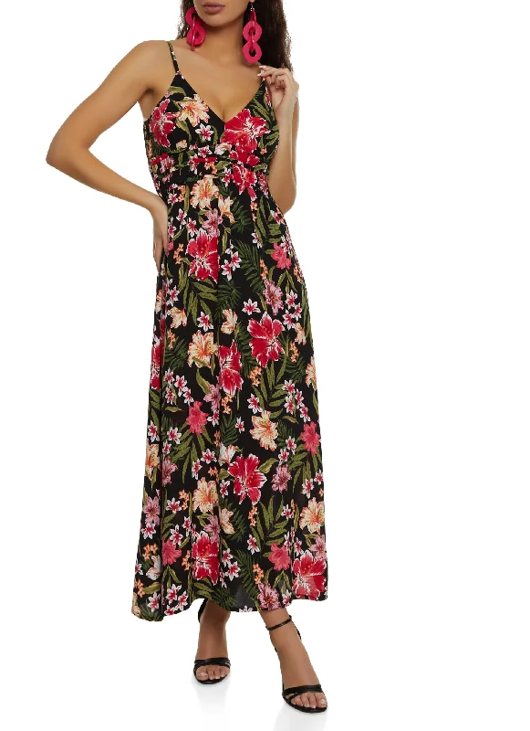 Tropical Floral Print Empire Waist Maxi Dress