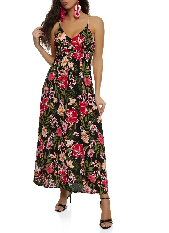 Tropical Floral Print Empire Waist Maxi Dress