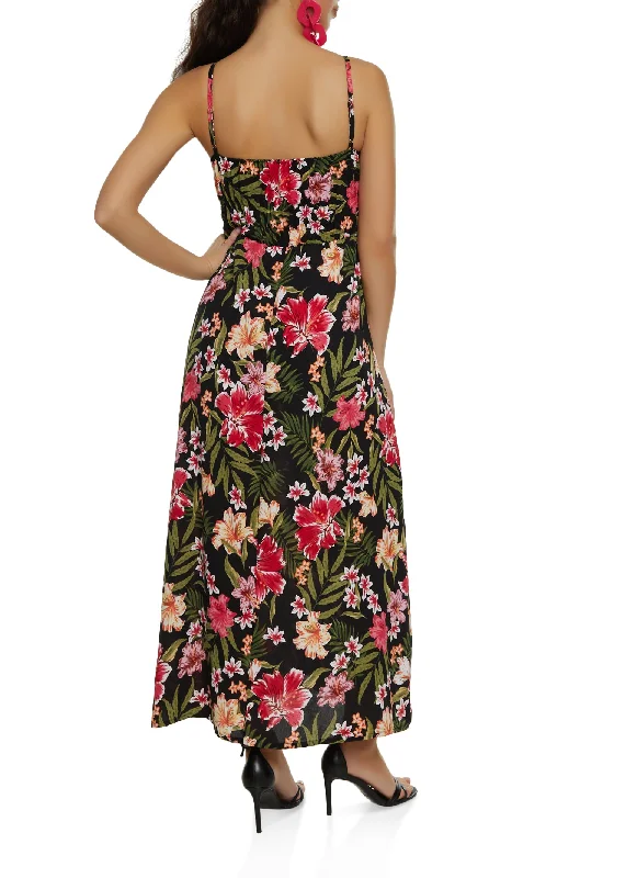 Tropical Floral Print Empire Waist Maxi Dress