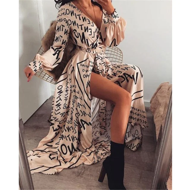 FashionSierra - Boho Printed Floral Long Maxi Dress Women Female Casual Loose Ankle-Length Empire V-Neck Long Splits Dresses