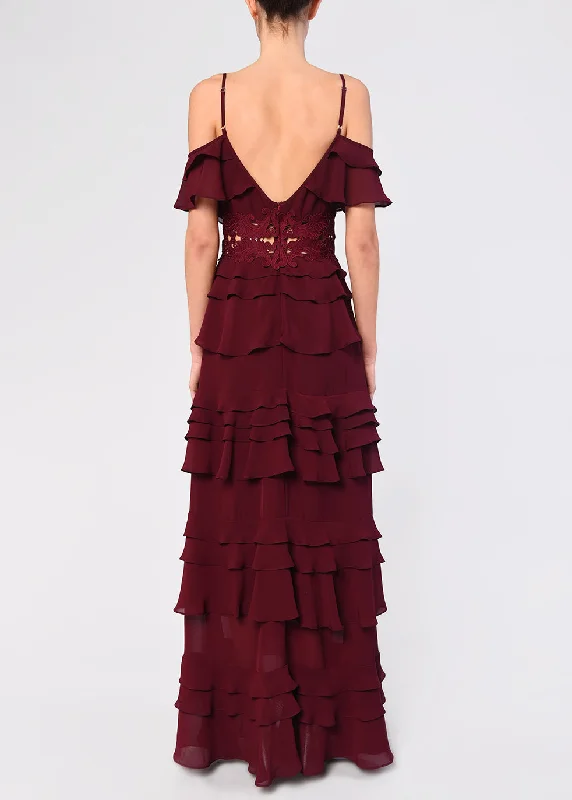 Olivia Burgundy Plunge Front Tiered Ruffle Maxi Dress