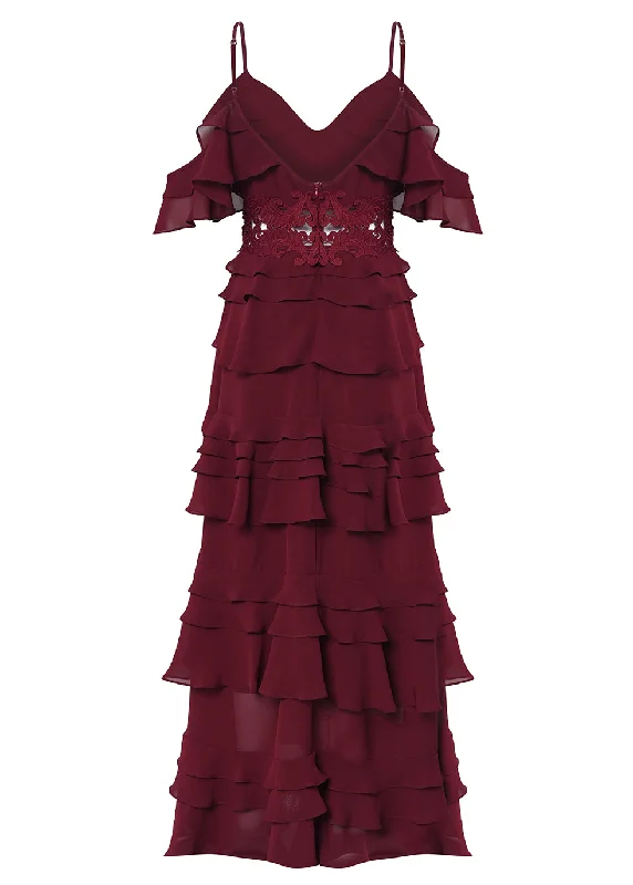 Olivia Burgundy Plunge Front Tiered Ruffle Maxi Dress