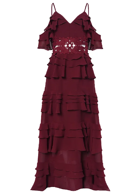 Olivia Burgundy Plunge Front Tiered Ruffle Maxi Dress