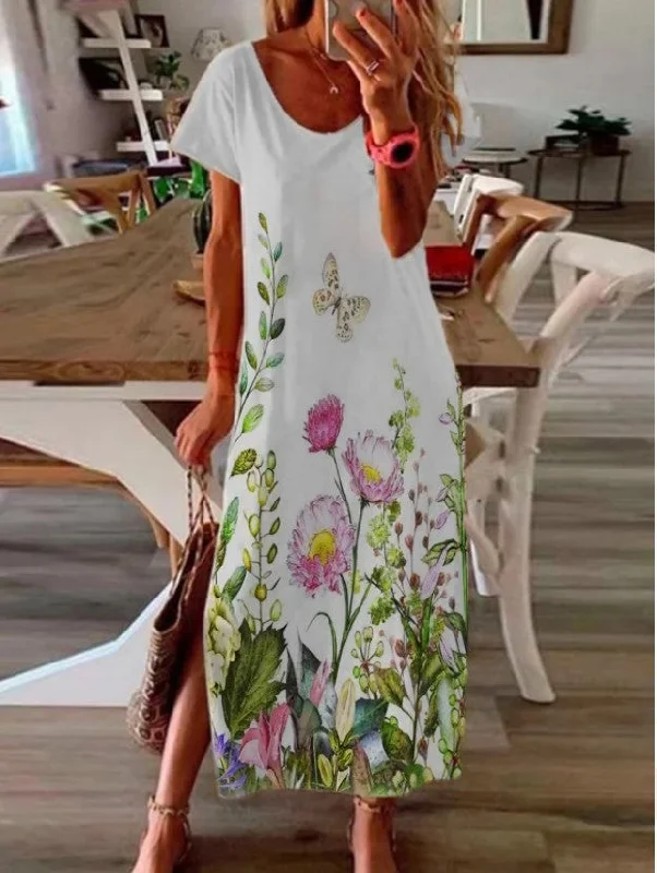 Casual Short Sleeve Flower Slit Dress for Women