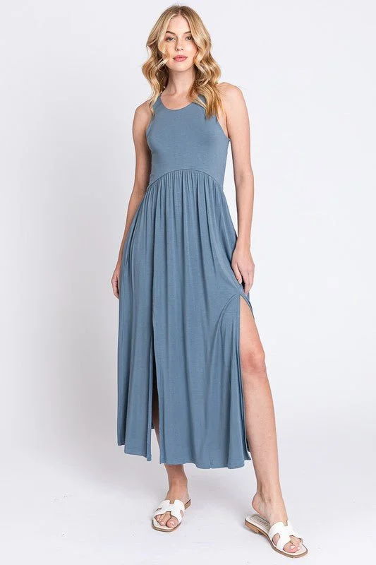 Blue Modal Slitted Sleeveless Maxi Dress