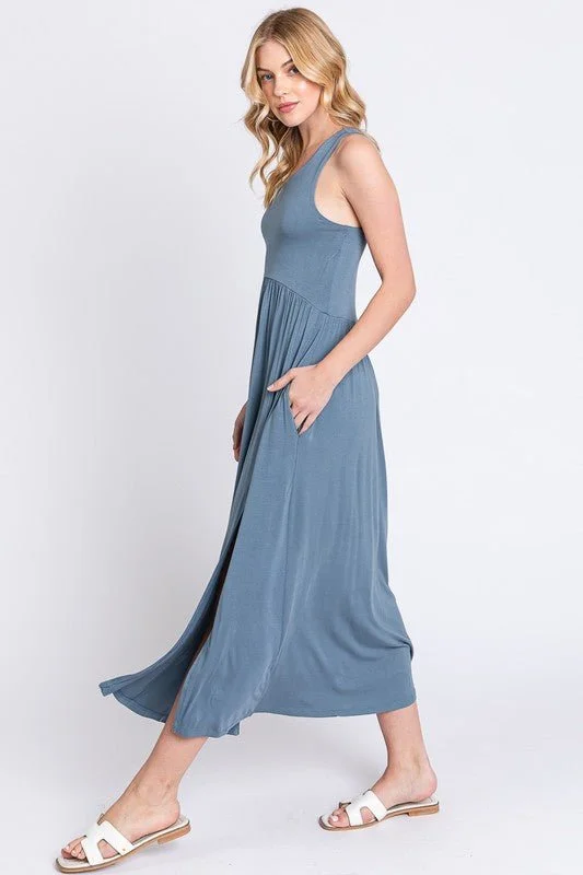 Blue Modal Slitted Sleeveless Maxi Dress