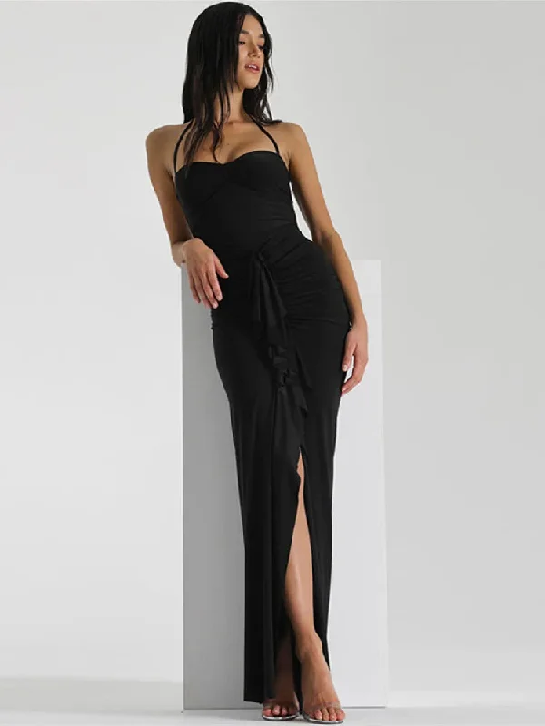 Elegant Pleated Long Strapless Split Nightclub Sexy Summer Maxi Dress