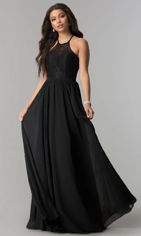 High-Neck Lace-Bodice Long Chiffon Prom Dress