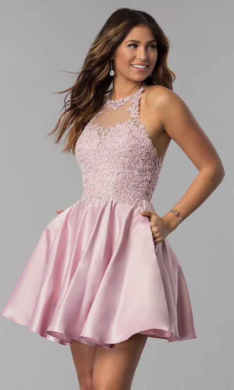 High-Neck Short Homecoming Dress with Lace Applique