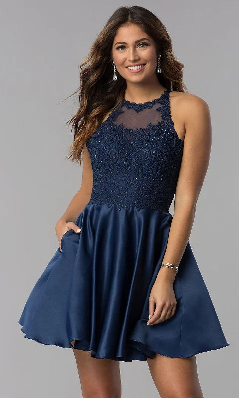 High-Neck Short Homecoming Dress with Lace Applique