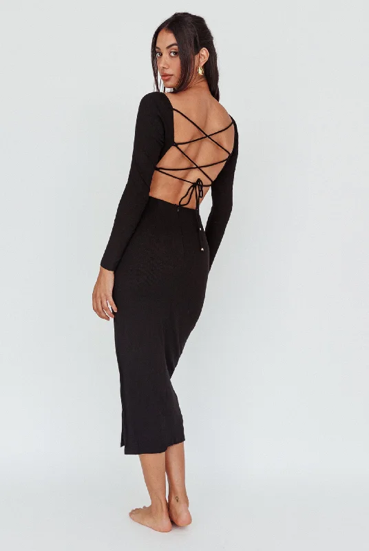 Dream Crush Long Sleeve Lace-Up Midi Dress Black