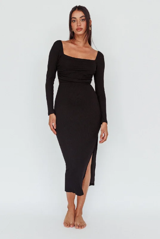 Dream Crush Long Sleeve Lace-Up Midi Dress Black