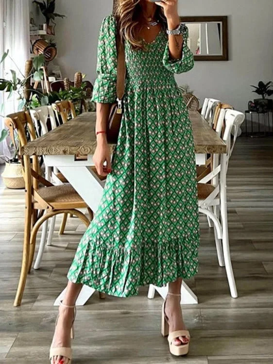 Dresses Printed V-Neck Mid-Sleeve Ruffle Dress for Women