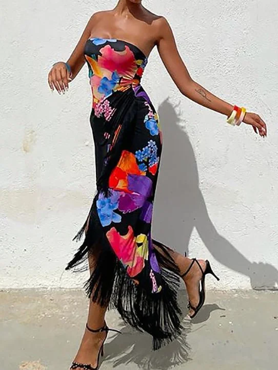 Dresses Strapless Print Fringed Slit Dress for Women