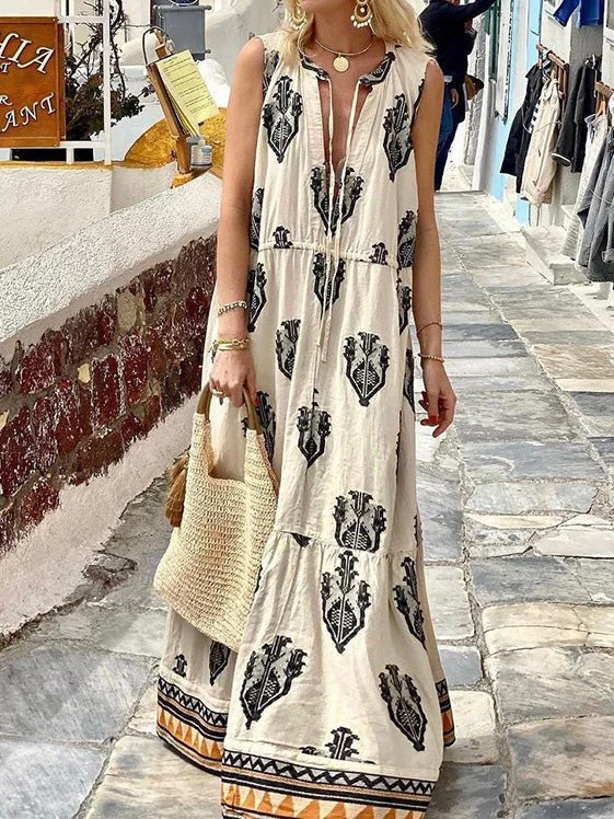 Dresses V-Neck Bohemian Print Sleeveless Dress for Women