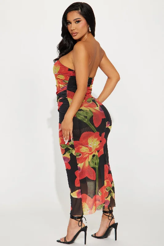 Eliza Floral Mesh Midi Dress - Black/Red