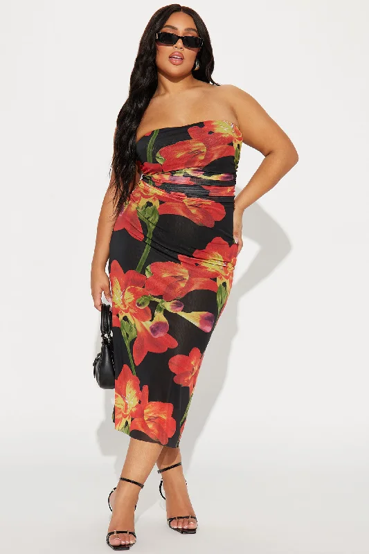 Eliza Floral Mesh Midi Dress - Black/Red