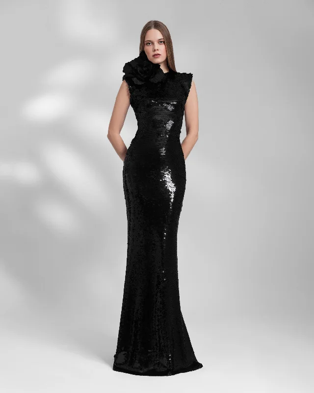 Black Wide-Shoulder Sequined Dress