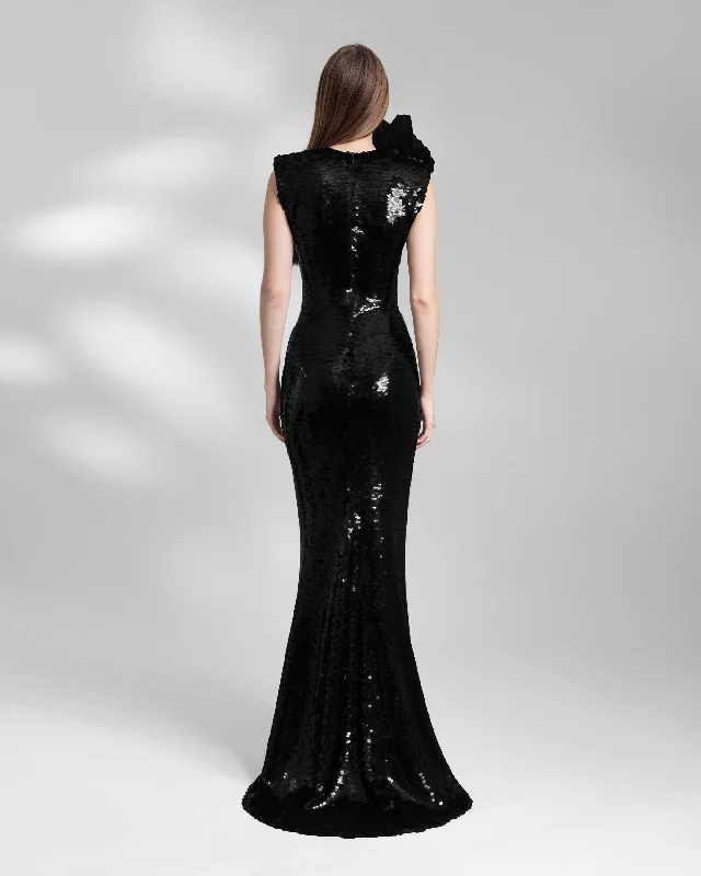 Black Wide-Shoulder Sequined Dress