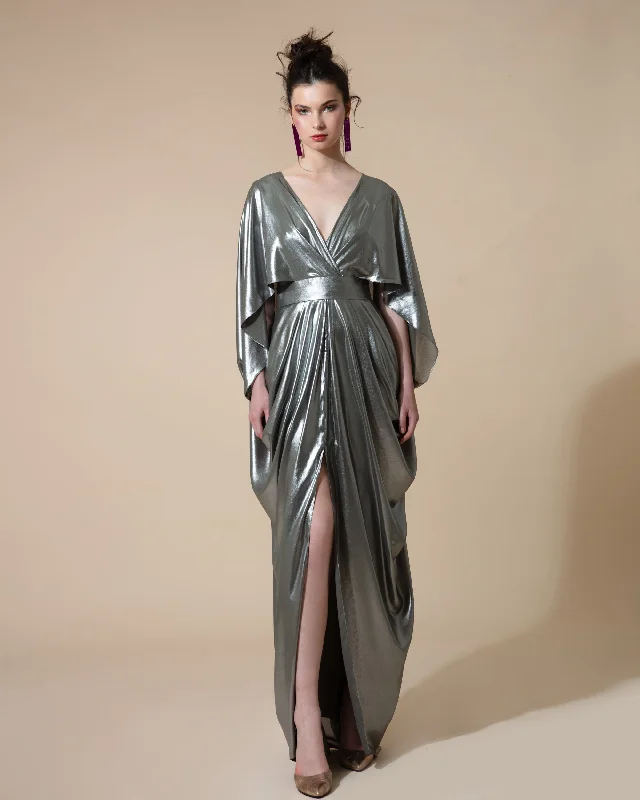 Cape-Like Long Draped Olive Dress