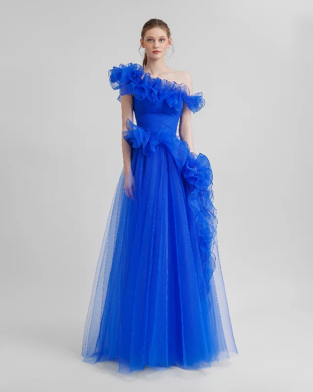 Royal Blue Ruffled Neckline Dress