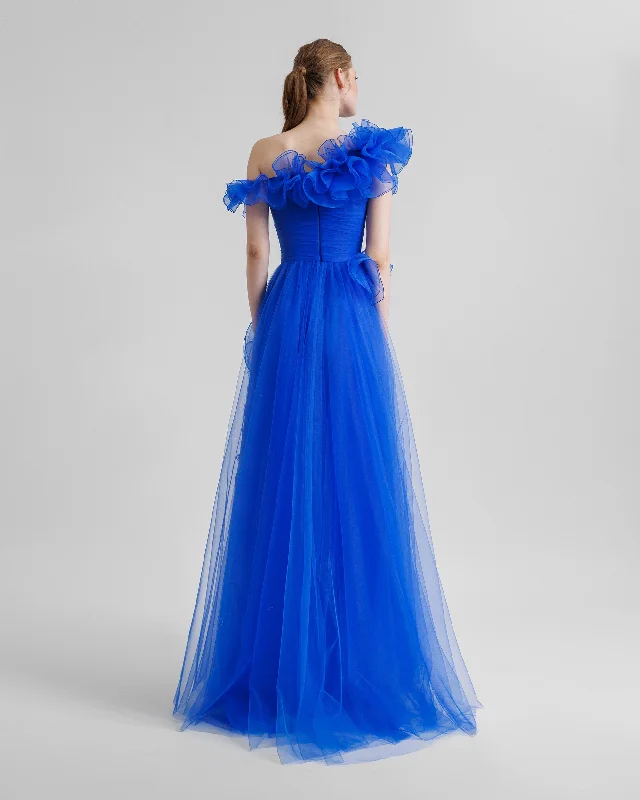 Royal Blue Ruffled Neckline Dress