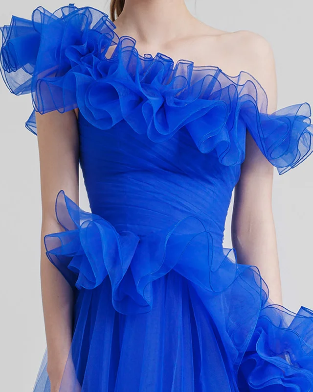 Royal Blue Ruffled Neckline Dress