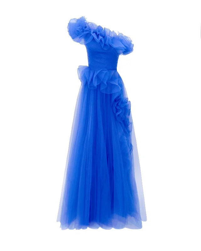 Royal Blue Ruffled Neckline Dress