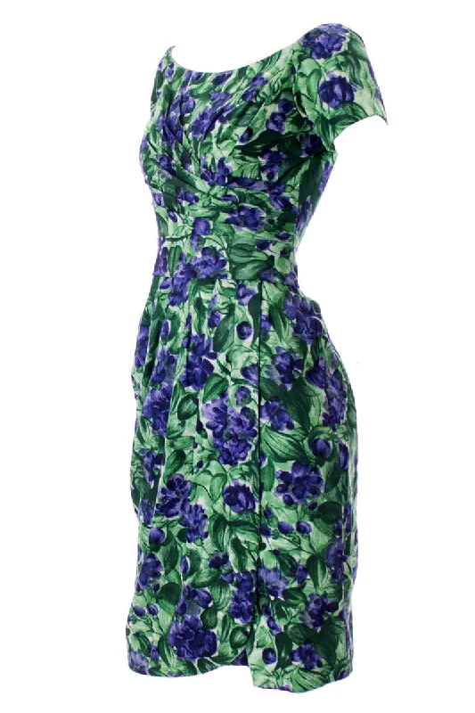 Ceil Chapman Designer 1960's Blue and Green Floral Vintage Dress