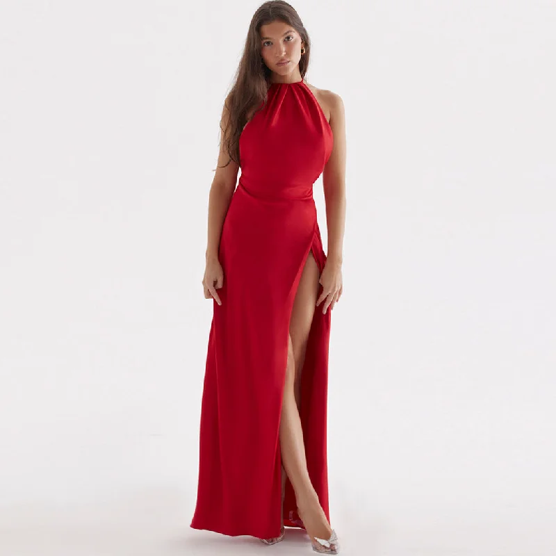 BerryBetty - High Split Sleeveless Evening Maxi Dress - Red