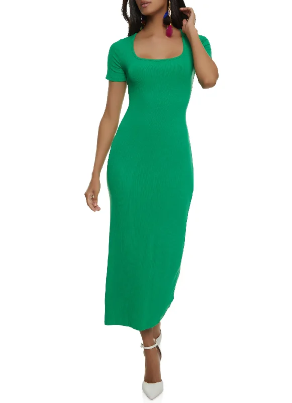 Ribbed Knit Square Neck Maxi Dress