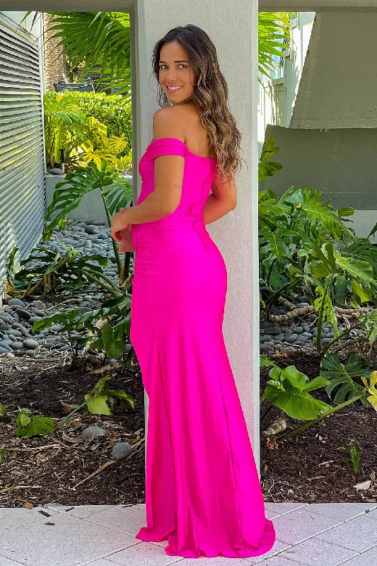 Hot Pink Off Shoulder Maxi Dress With Slit