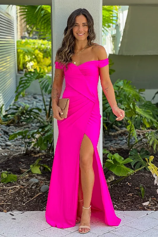 Hot Pink Off Shoulder Maxi Dress With Slit