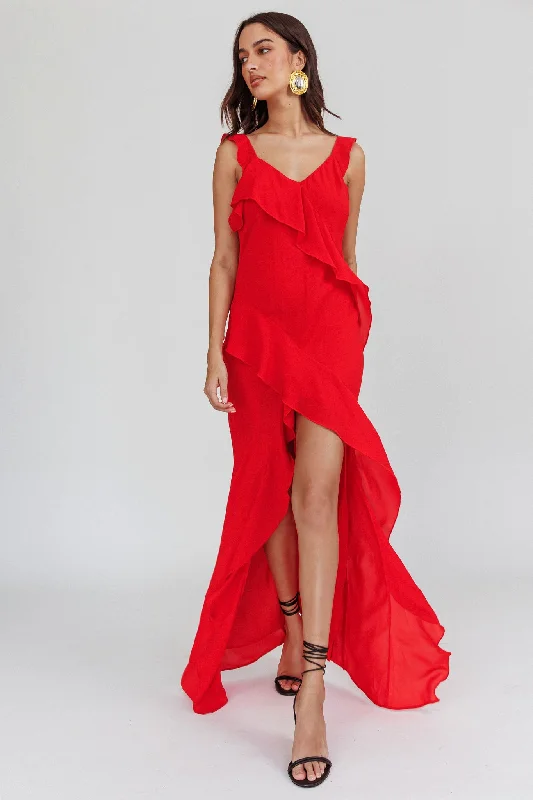 Johannson Ruffle Trim Maxi Dress Red