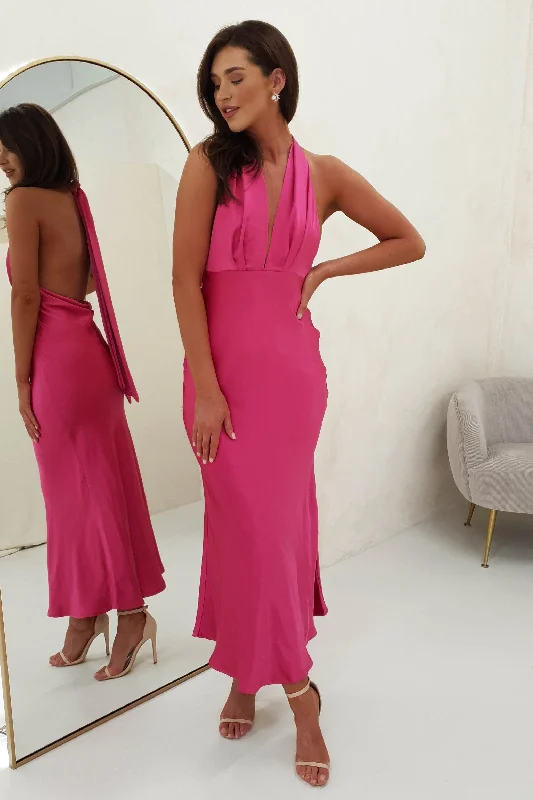 Kaylah Satin Halter Neck Maxi Dress | Fuchsia