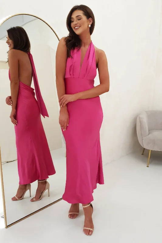 Kaylah Satin Halter Neck Maxi Dress | Fuchsia